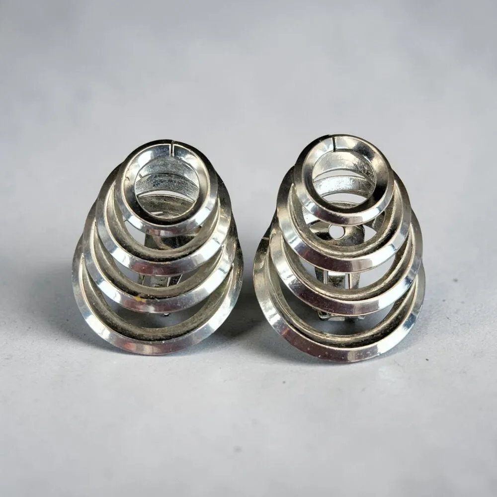 Vintage Space Age Chrome Clip On Earrings 1980s Geometric Concentric Spiral